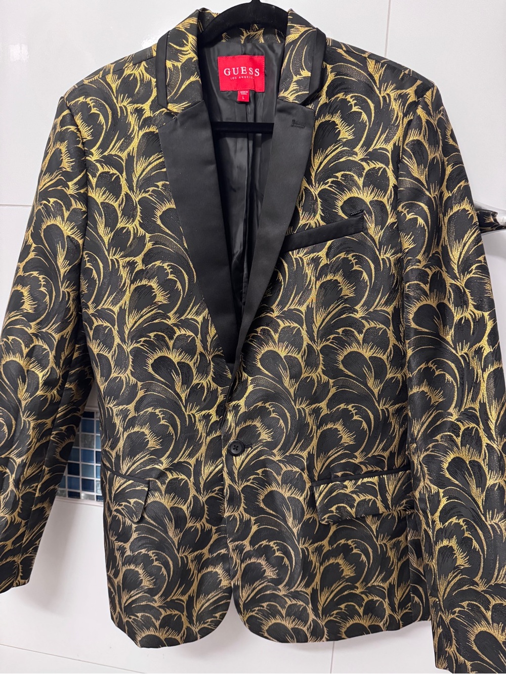 GUESS Black and Gold Brocade Satin-Lapel Blazer